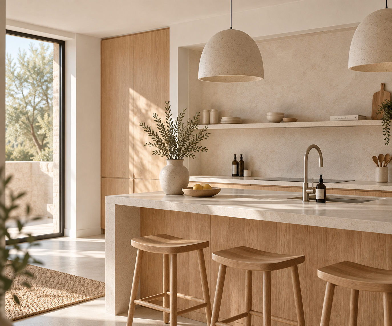 Proyecto de cocina abierta con isla de piedra